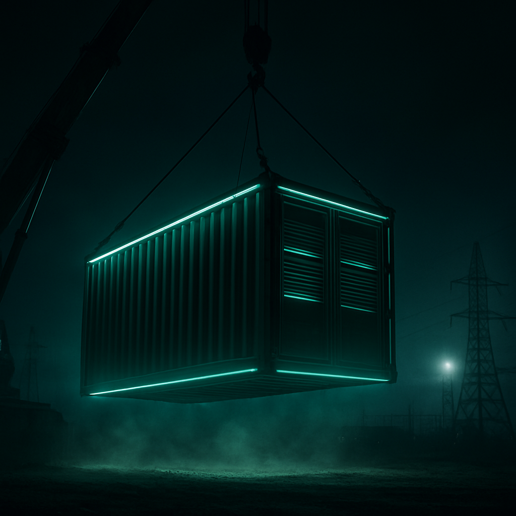 DATA45 containerized data center being deployed on site at night